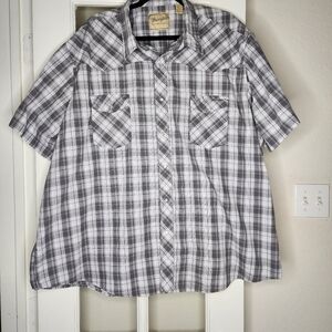 Wrangler Men's Plus Short Sleeve Pearl Snap Gray Plaid Casual Button Up 3X